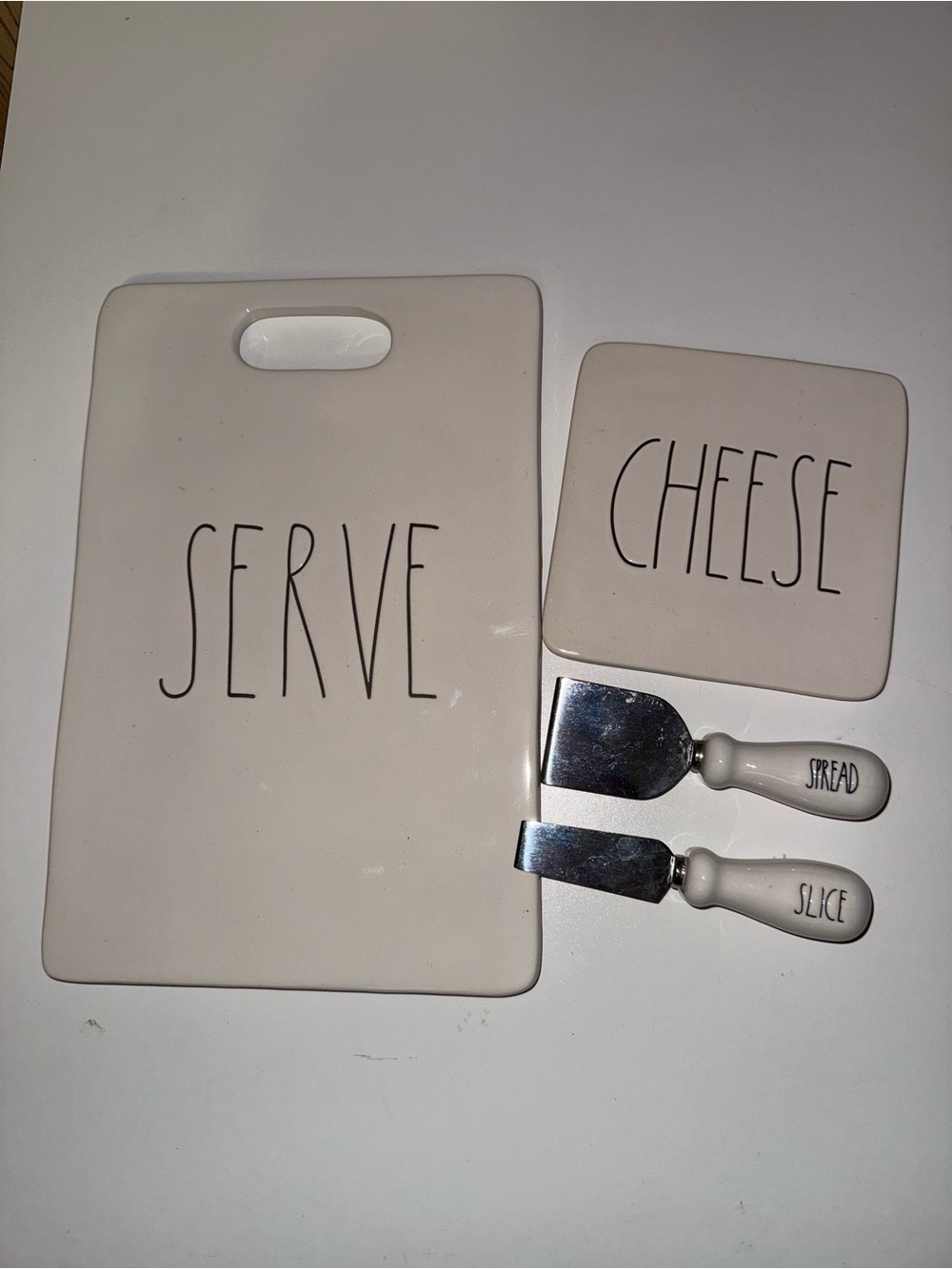 Rae Dunn White Ceramic 'Serve' & 'Cheese' Board Set with Spread & Slice Tools